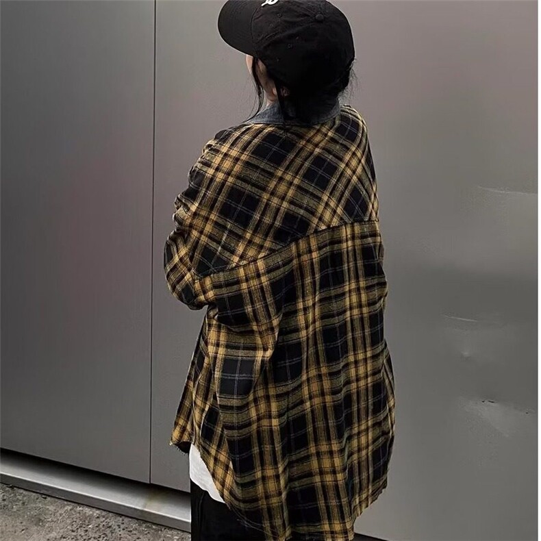 高级感外穿格子衬衫男女情侣复古宽松百搭早秋黄色格纹衬衣,男装衬衫,星座506A