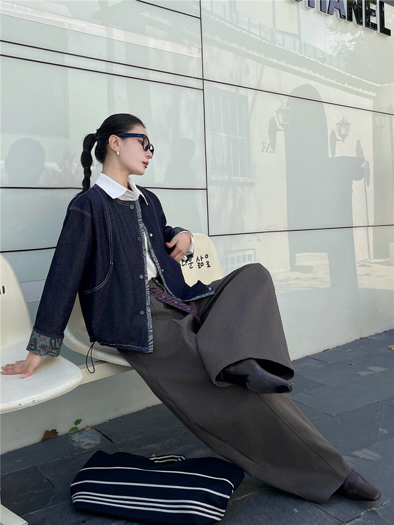 2025秋装新款复古休闲宽松圆领牛仔外套,女装牛仔外套,深水步