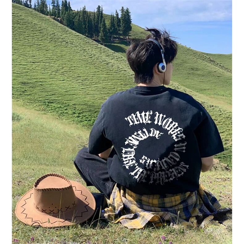 抖音得物供货210克现货宽松纯棉美式潮牌印花落肩袖纯棉T恤AT2197图片