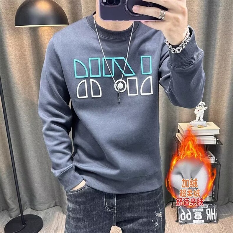 秋季男士字母印花圆领长袖加绒卫衣美式宽松上衣痞帅韩版简约男装,男装卫衣,星座506A