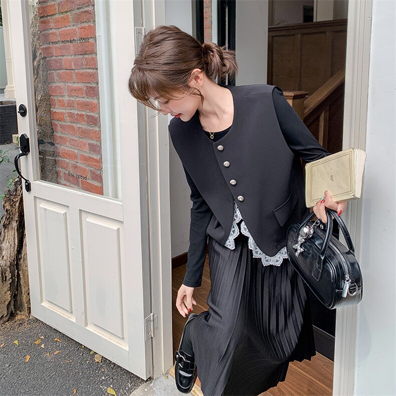 法式气质黑色小香风套装女2025春秋新款蕾丝花边马甲连衣裙两件套，女装套装/套裙，浙宝203