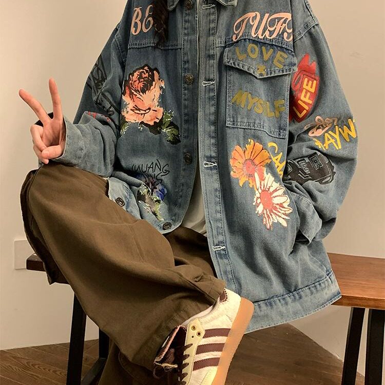 复古水洗牛仔外套男春秋潮牌花朵印花夹克宽松百搭做旧情侣款上衣,男装工装外套,星座1210-1