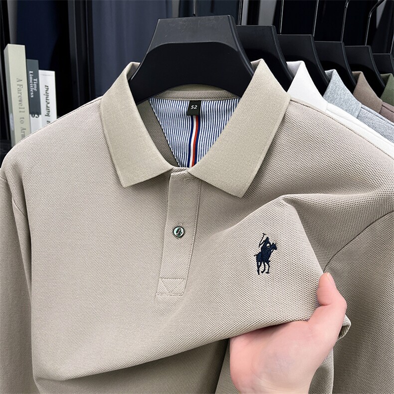 T546纯棉春季新款长袖T恤男士中老年纯色小马刺绣宽松休闲POLO衫,男装Polo衫,钱塘207-1