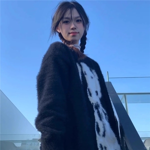黑色斑点狗水貂绒毛衣男女冬季软糯慵懒马海毛针织衫AMY9197-P48图片