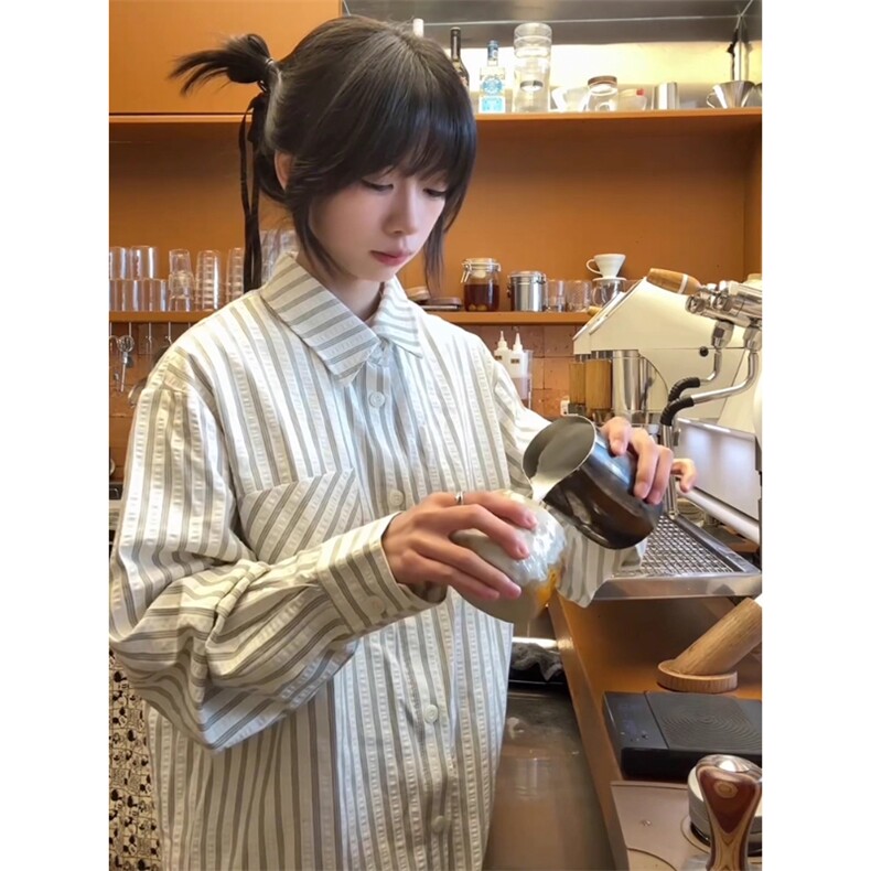 白色条纹长袖衬衫休闲衬衣情侣外套CS5169特P46,男装衬衫,星座908-1