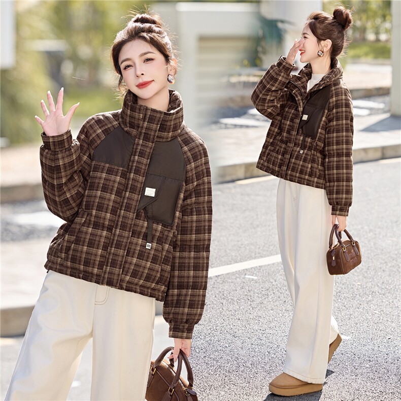 小个子羽绒服女2025冬季新款连帽复古格纹加厚保暖短款格子外套,女装羽绒服,意芙