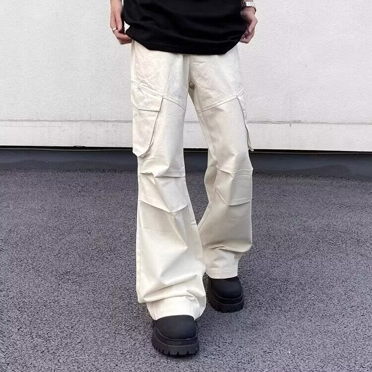 复古米白色多口袋工装裤秋季新款街头宽松褶皱直筒裤子MK411P45,男装工装外套,星座1013-5