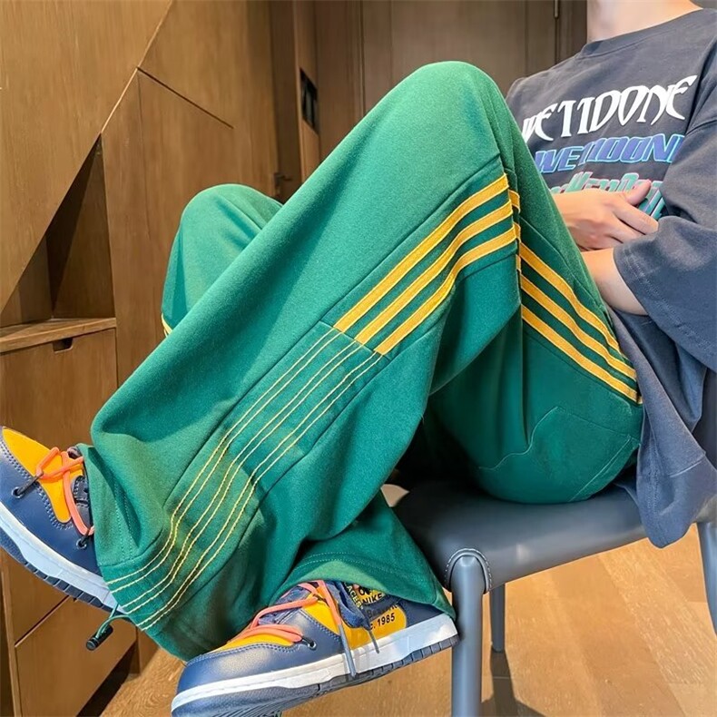 夏季长裤直筒男工装裤时尚潮牌休闲裤青春流行条纹撞色潮宽松型图片