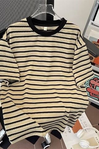 复古条纹短袖男夏季简单穿搭t恤小领口情侣重磅上衣服TX377-P40,男装T恤,星座1008