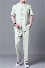 2023新款夏季男士休闲亚麻风短袖套装中年爸爸装薄款唐装，男装休闲套装，电商B212（原钱塘6029）