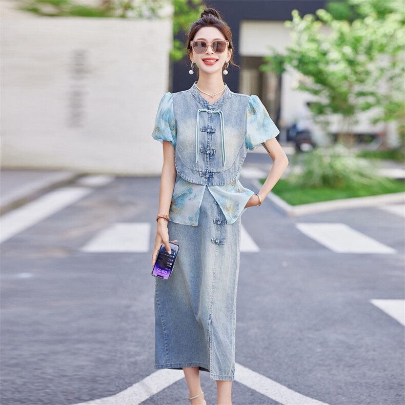 新中式国风套装裙女夏季小个子炸街减龄时尚牛仔拼接半身裙两件套,女装套装/套裙,慕依路