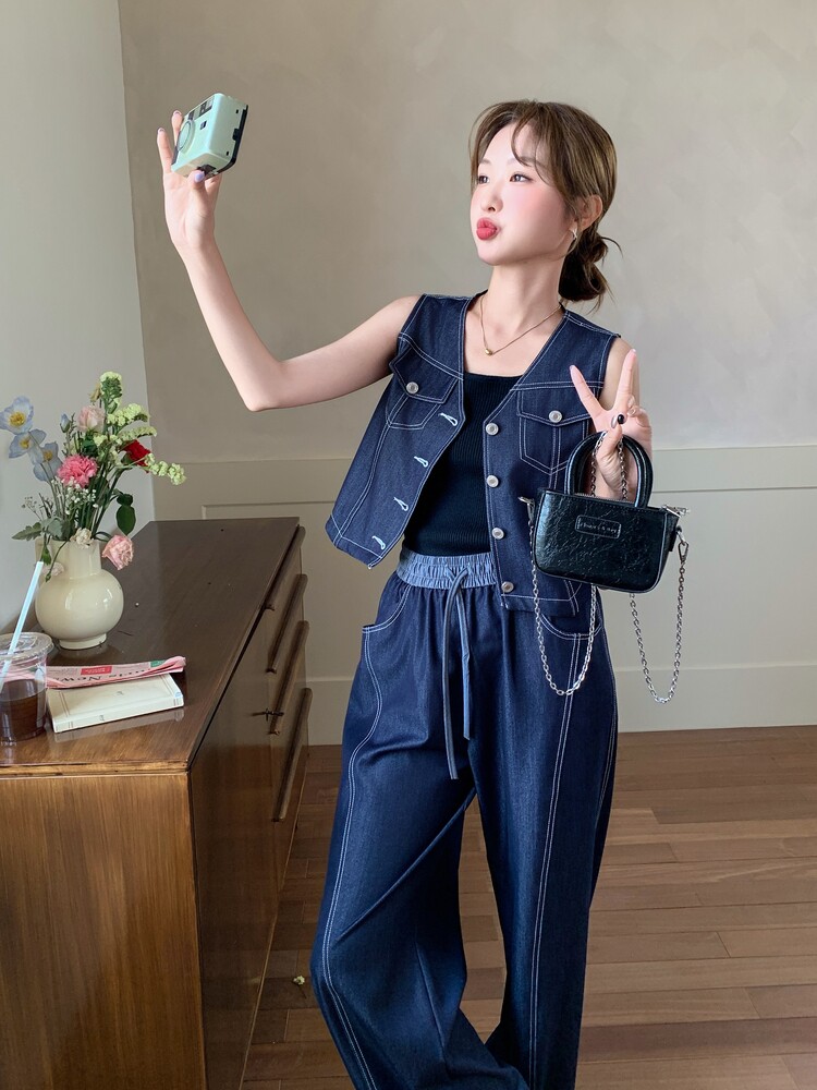 深蓝色牛仔马甲时尚套装女2026夏季新款韩版宽松休闲阔腿裤两件套,女装套装/套裙,印象茜
