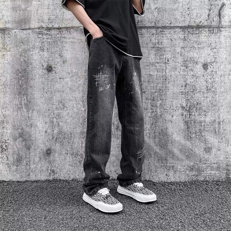 美式复古高街刺绣显瘦牛仔裤男女中高泼墨直筒阔腿长裤NC113-p43,男装牛仔裤,星座1008