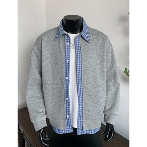 秋季重磅华棉420g假两件男宽松格子拼接卫衣外套W5436-特P48控88图片