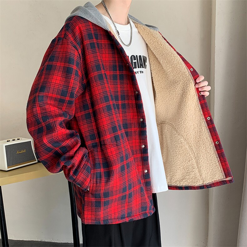 格子连帽外套男2024秋冬新款宽松休闲夹克男情侣衬衫外套J223-P60,男装夹克,星座505-3