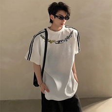 抖音得物高品质二开240克宽松纯棉美式潮牌三条杠织带短袖T恤，男装T恤，电商A486-1
