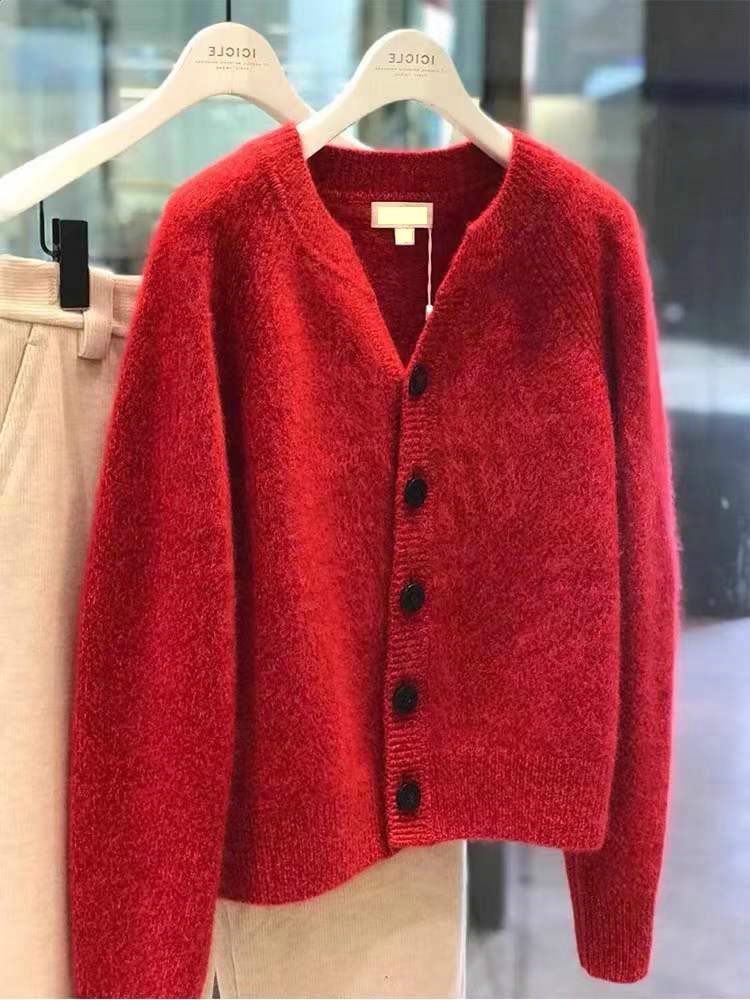 时尚潮流通勤百搭长袖纯毛加厚圆V领开衫红色,女装羊毛衫,丽特绒