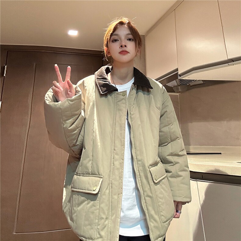 中性风撞色灯芯绒拼接领棉衣外套女宽松羊羔绒加厚棉服G1070P128,男装棉衣,电商A339