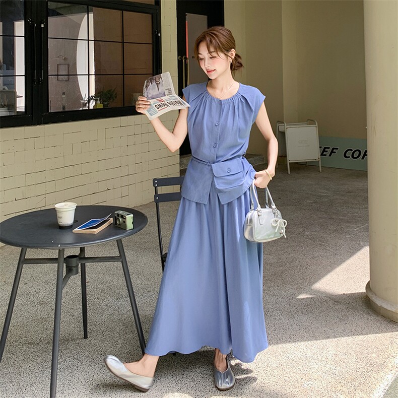 蓝色无袖衬衫半身裙套装女夏2025新款气质休闲大方得体穿搭一整套,女装套装/套裙,2C159