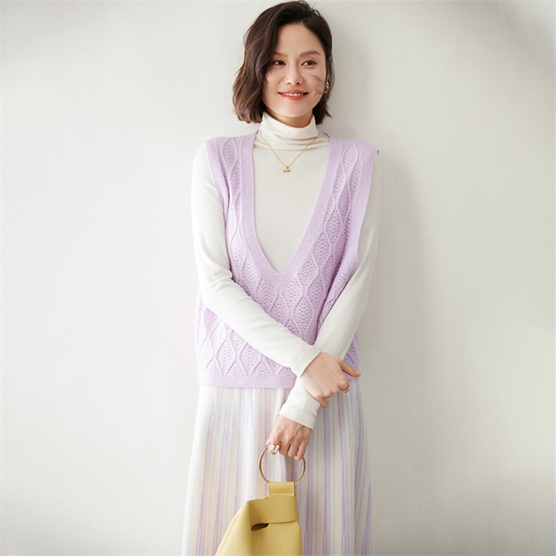 时尚优雅女士镂空马甲显瘦百搭V领无袖针织背心,女装马甲,迎冬羊绒