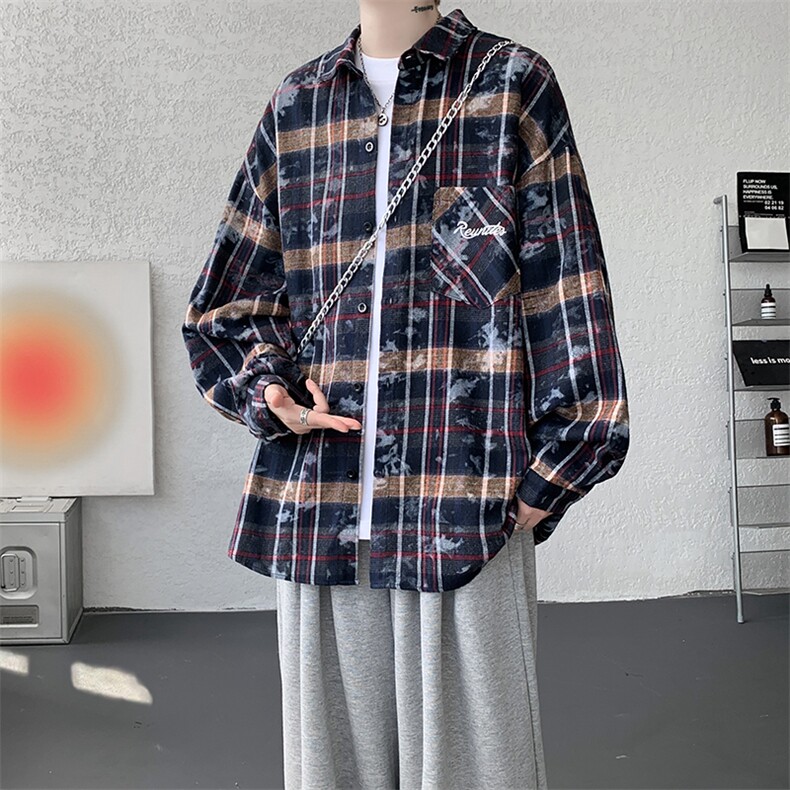 衬衫男秋季新款港风宽松大码格子扎染刺绣长袖衬衣CS3016-P38，男装衬衫，星座214-3