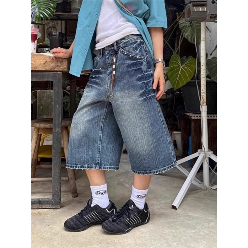 美式复古竹节纹阔腿牛仔短裤女夏季铆钉高街设计感宽松显瘦七分裤,男装牛仔裤,星座506A