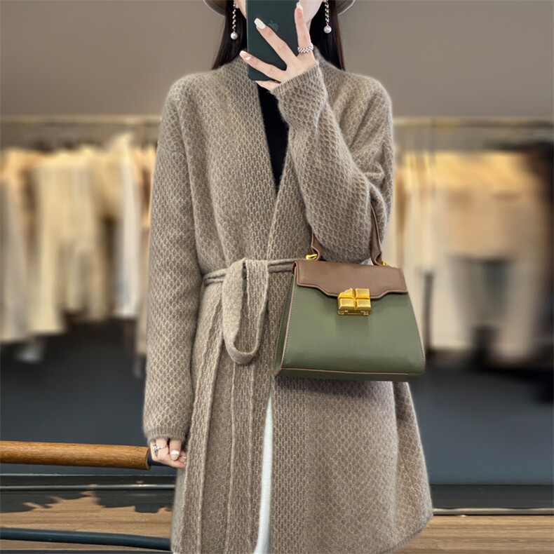 秋冬新款羊毛开衫女V领纯色宽松百搭长袖羊绒针织毛衣外套,女装羊毛衫,暖娇绒