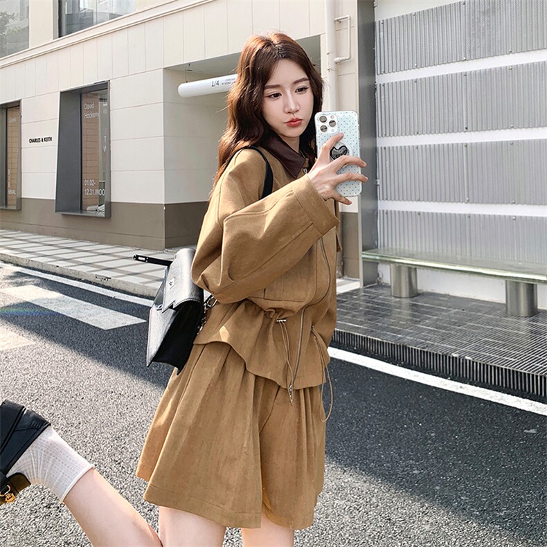 韩版甜酷风休闲套装女2025春秋季新款流行显瘦翻领外套短裤两件套,女装套装/套裙,2C085