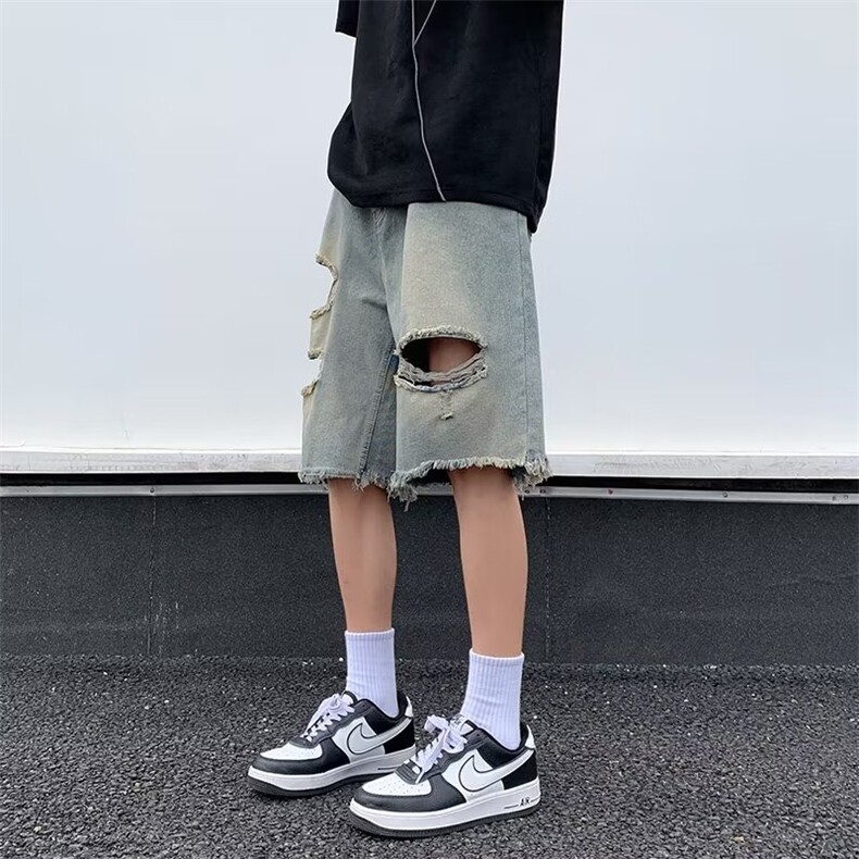 牛仔短裤男夏薄款破洞毛边裤设计感小众高街潮牌新款五分裤DK3232,男装牛仔裤,星座1013