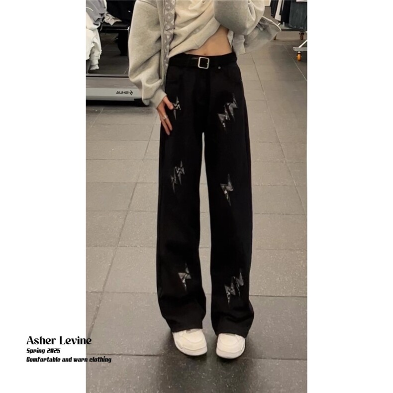 美式白色闪电刺绣牛仔裤男女款潮痞帅炸街裤子cleanfit直筒阔腿裤,男装牛仔裤,四季星座505