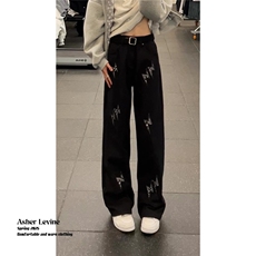 美式白色闪电刺绣牛仔裤男女款潮痞帅炸街裤子cleanfit直筒阔腿裤，男装牛仔裤，四季星座505