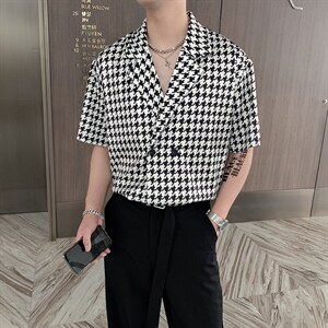 夏季潮男抖音高级感千鸟格网红短袖痞帅衬衫男CS295-P58控75图片