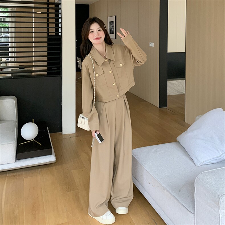 卡其色休闲运动装套装女2024春秋新款穿搭一整套西装阔腿裤两件套,女装套装/套裙,2C205