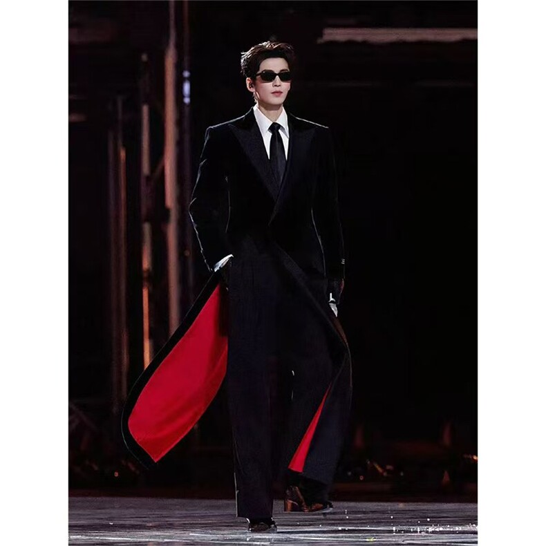 现货~张凌赫同款不规则红内垫肩毛呢大衣加长款风衣外套Y966-P125，男装风衣，星座1004-3