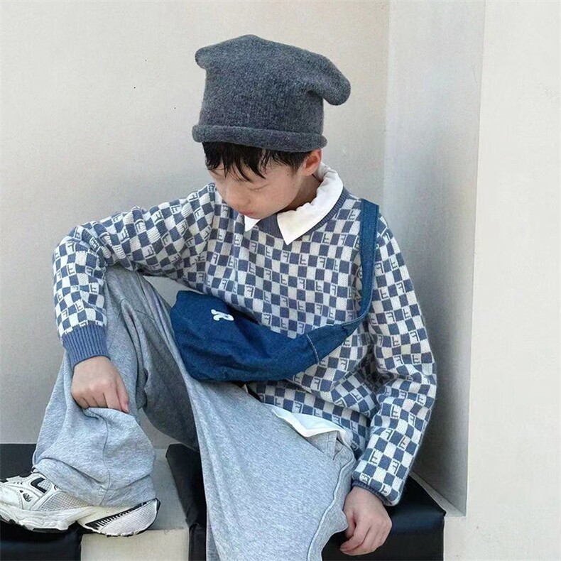 秋冬新款儿童加厚提花格子针织衫时尚百搭保暖毛衣,童装儿童针织衫,亚东羊绒制品