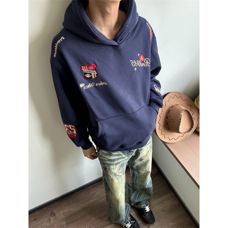 美式复古刺绣徽章连帽卫衣男女款小众设计感百搭卫衣ins,男装卫衣,星座506A