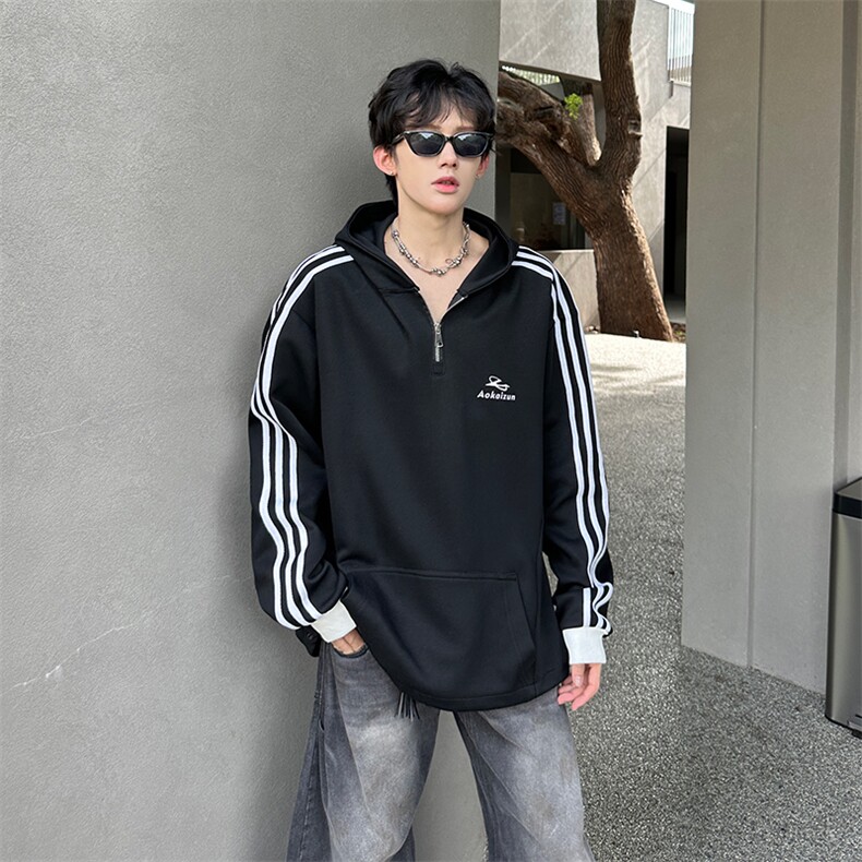 秋季宽松休闲连帽半拉链卫衣长袖条纹三条杠外套XZ808B-WH087-P48,女装短外套,星座808B