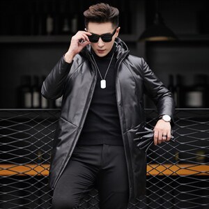 海宁修身皮衣中长款羽绒服男绵羊皮夹克男连帽外套潮P710,男装皮衣,电商B360