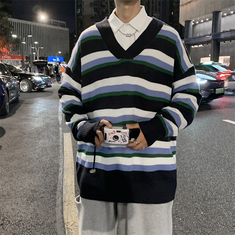 毛衣复古日系慵懒春秋新款上衣宽松蓝色条纹v领针织衫M113-P38,男装针织衫/毛衣,星座512-4