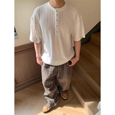 原版肌理百褶条纹亨利领老钱风冰丝T恤韩系短T恤TX334，男装T恤，星座208-5