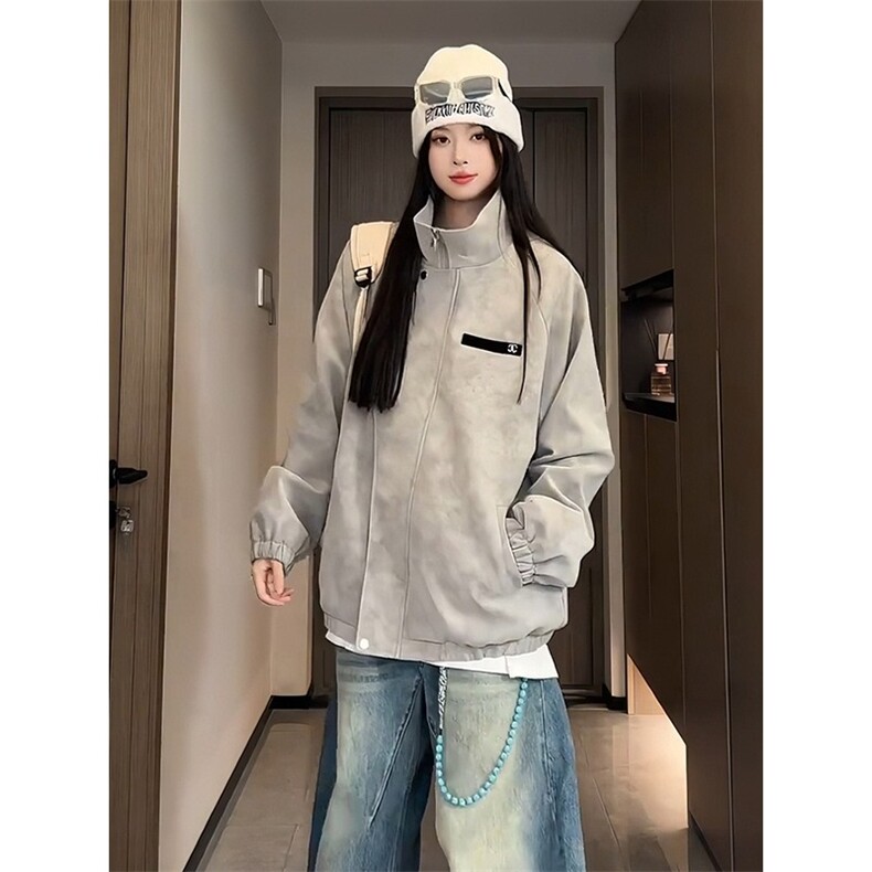 网络图现货 美式潮牌扎染新中式雾面立领棒球服皮衣J96036-P68图片