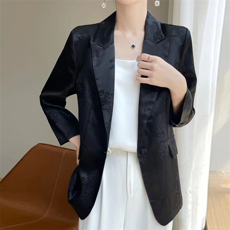 气质提花高端醋酸缎面西装外套女百搭收褶显瘦休闲西服,女装西装,朝贺羊绒