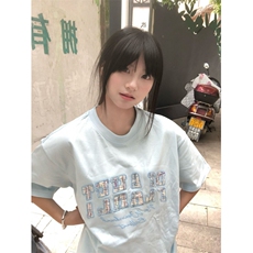 H0862-P35推荐#贴布刺绣螺纹领+包边拉肩休闲短袖T恤，女装T恤，星座617A-2
