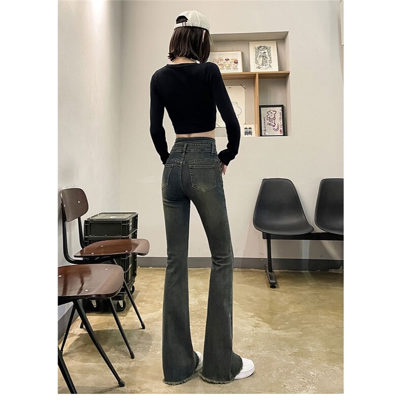 水泥灰微喇牛仔裤女春秋高腰双扣收腹怀旧复古港风毛边马蹄拖地裤,男装牛仔裤,星座1210-1