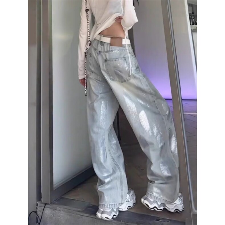 大码美式复古擦色扎染烫钻牛仔裤女高街小众宽松直筒阔腿长裤潮,男装牛仔裤,星座506A