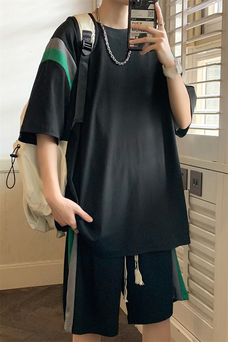 夏季新款青少年大码港风休闲拼接短袖五分裤运动套装男S16P50,男装休闲套装,电商B226