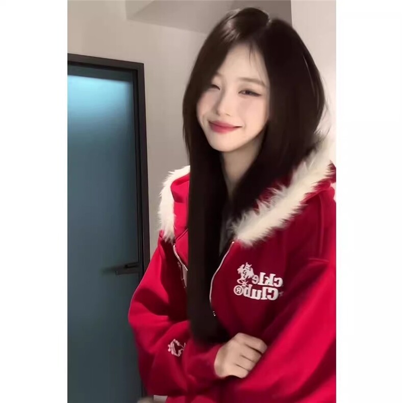 美式复古毛绒连帽卫衣外套男女慵懒风帽衫拉链连帽卫衣WY344,女装短外套,星座208-5