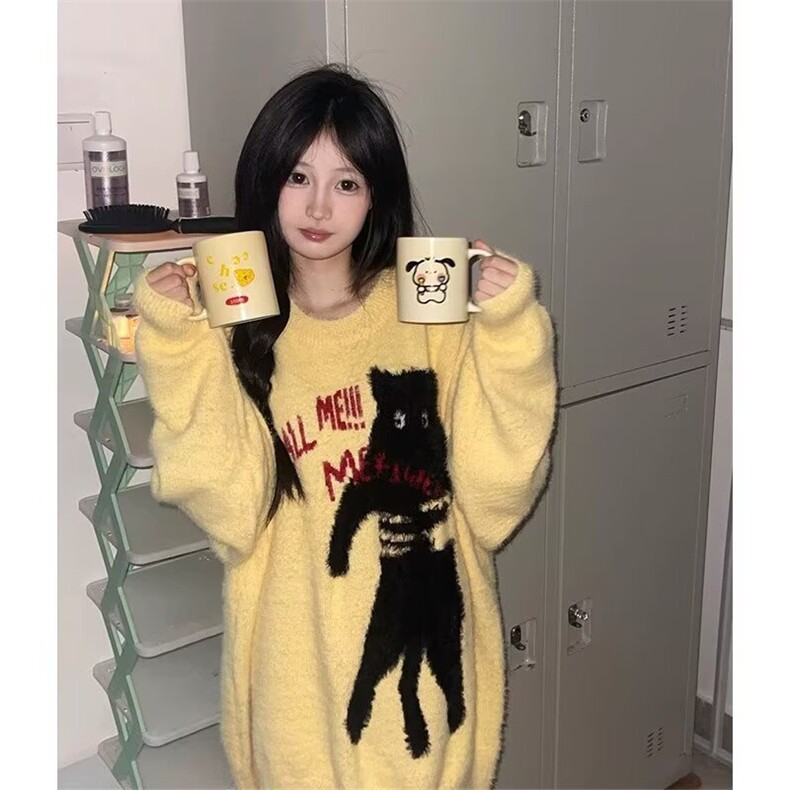 美式街头镂空针织毛衣女夏季猫咪提花宽松水貂绒小众设计感上衣,男装针织衫/毛衣,星座506A