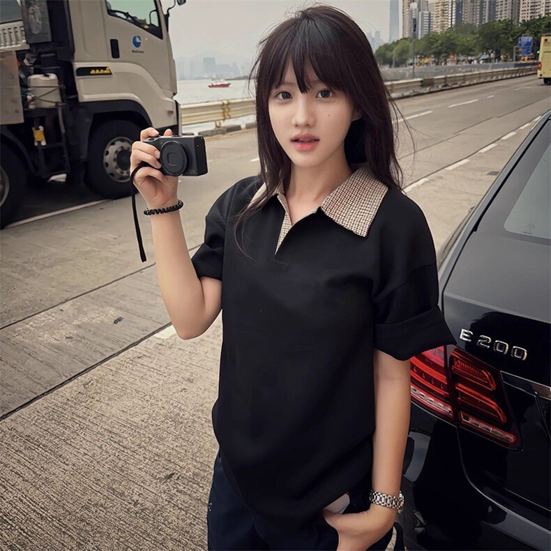 得物抖音高品质二开 夏季美式潮牌假两件格子衬衫翻领高街短袖T恤图片