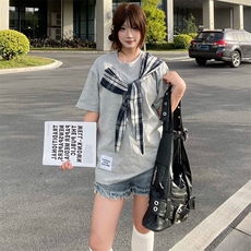 拼接格子布装饰高品质260克双纱纯棉美式高街短袖T恤特P35，男装T恤，电商A486-1